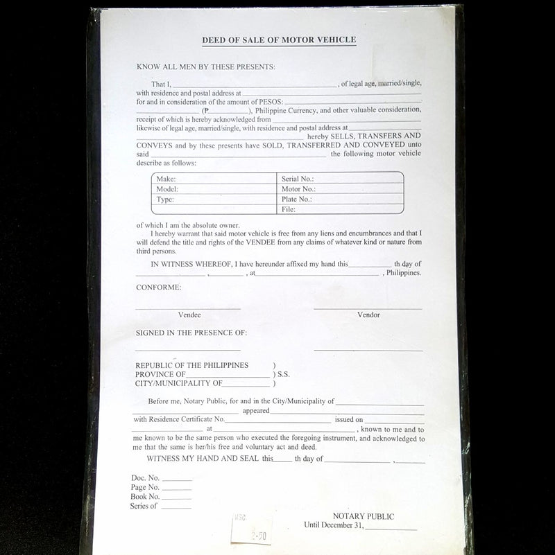 Deed of Sale of Motor Vehicle