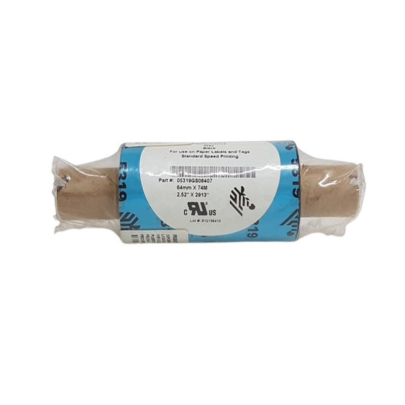 Zebra Wax Ribbon, 64mmx74m (2.52inx242ft), 5319; Performance, 12mm (0.5in) core