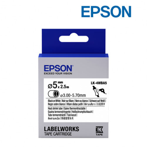 Epson LK-4WBA5 Label Cartridges (Black on White, Heat Shrink, DIA.5, 5mm x 2.5m Tape Length) C53S654520