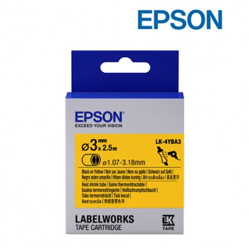 Epson LK-4YBA3 Label Cartridges (Black on Yellow, Heat Shrink, DIA. 3, 3mm x 2.5m Tape Length) C53S654521