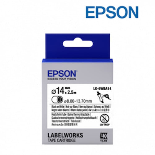 Epson LK-6WBA14 Black on White, Heat Shrink, DIA. 14, 14mm x 2.5m Tape Label C53S656515